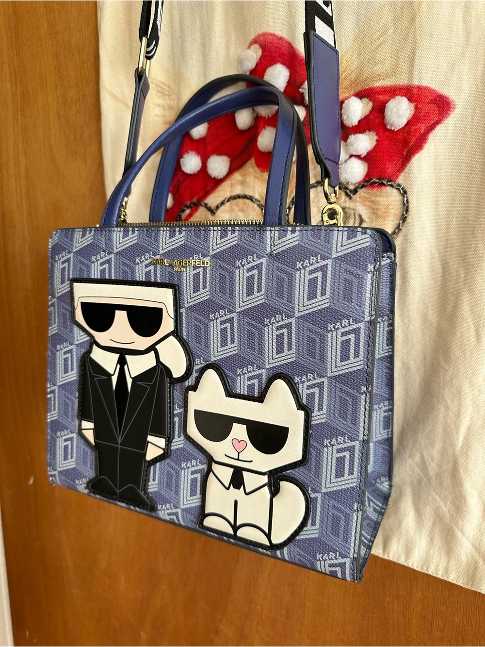 Karl Lagerfeld Blue Graphic Satchel with Icon Appliqués